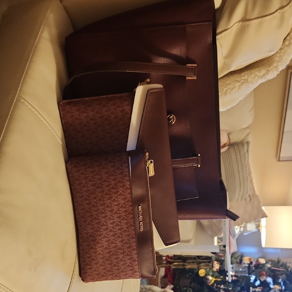 Michael Kors Burgundy Tote and Pouch Set
